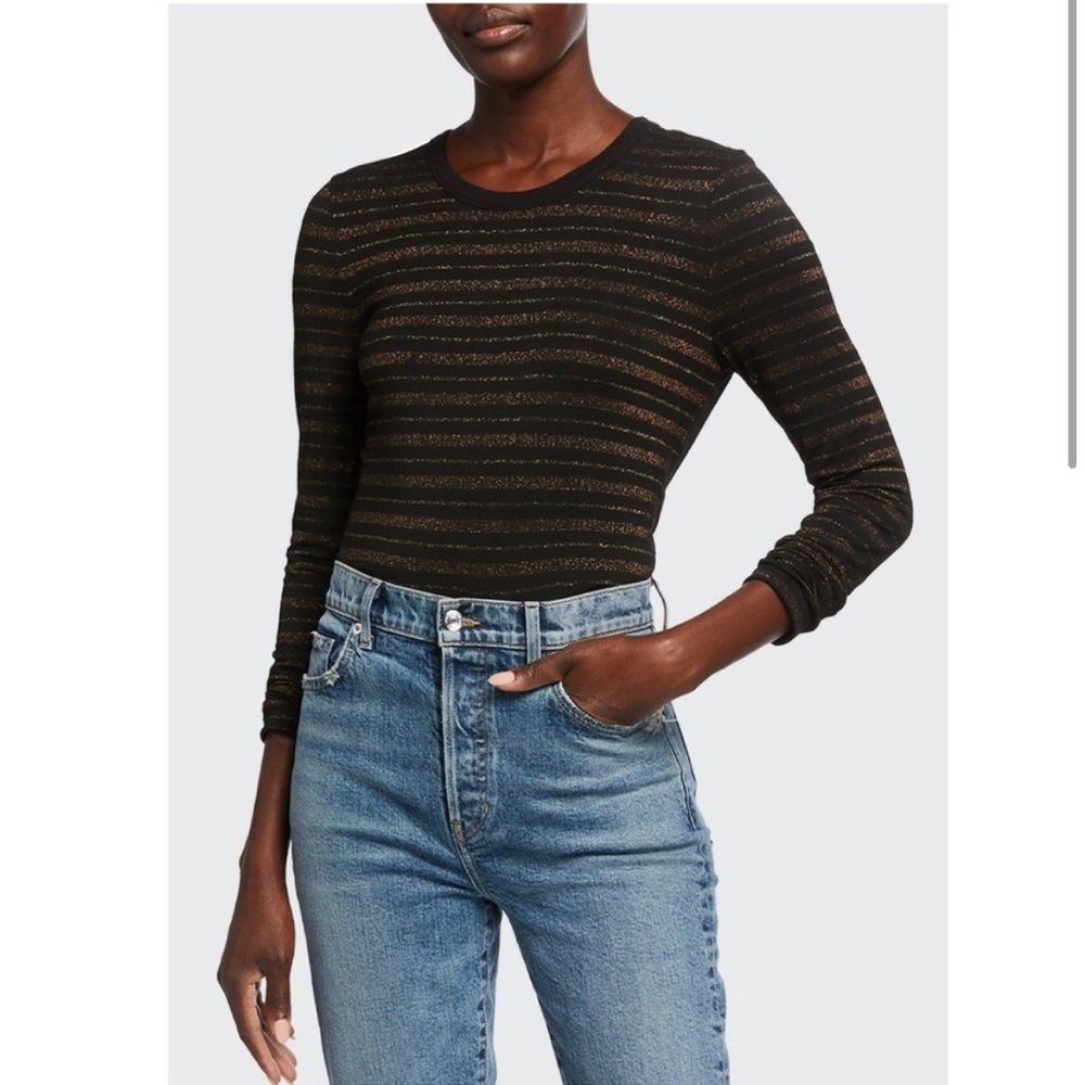 VERONICA BEARD JEANS Shanley Metallic Striped Tee Top Size XS In Black Bronze